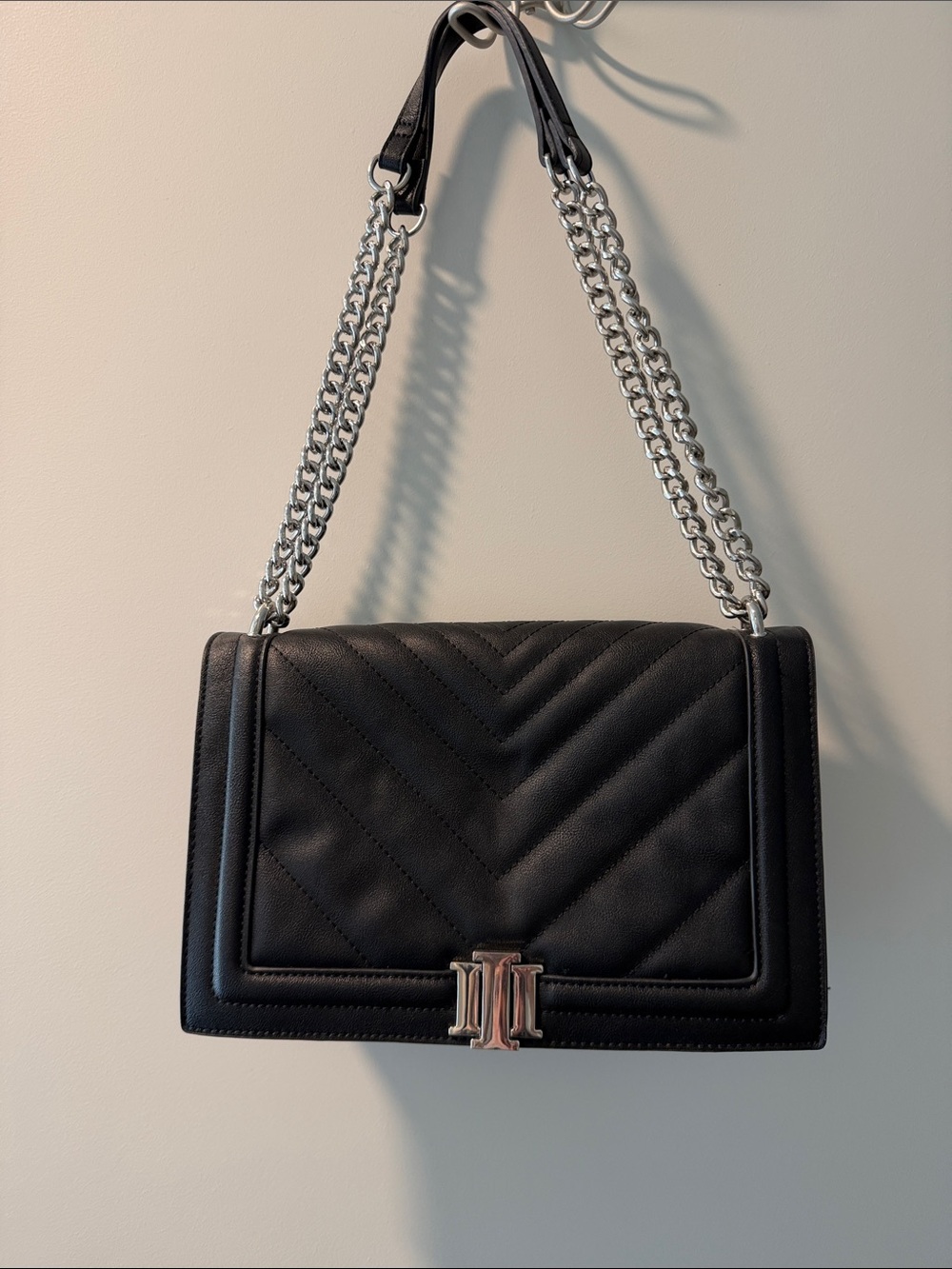 INC International Concepts Black Quilted Shoulder Bag with Silver Chain